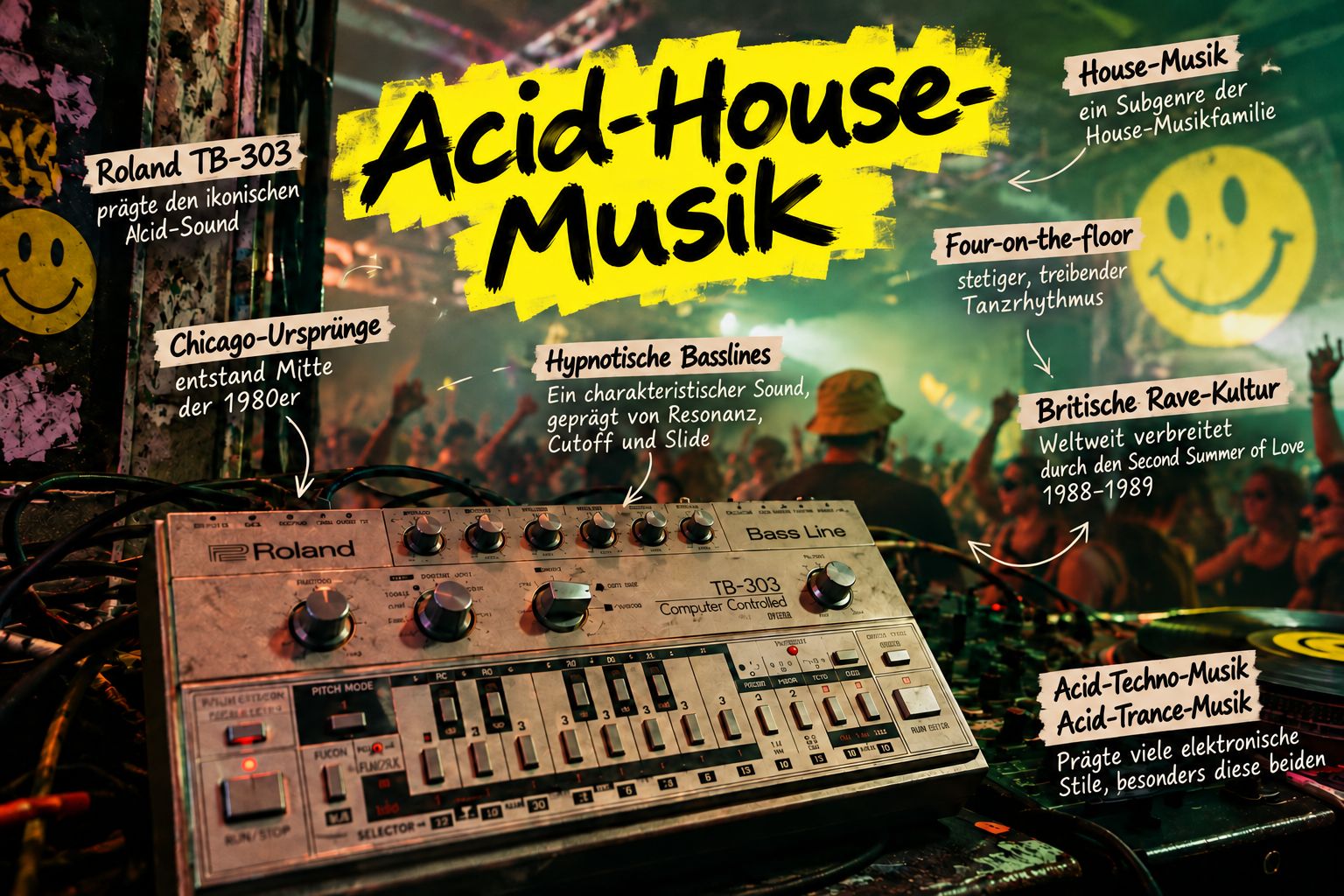Was ist Acid-House-Musik? Entdecke ihre Ursprünge in Chicago, die Roland TB-303, Phuture, die britische Rave-Szene und ihren Einfluss.