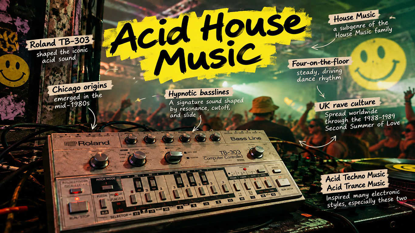 What is Acid House Music? Explore its Chicago origins, Roland TB-303 basslines, Phuture, UK rave history, and lasting influence.