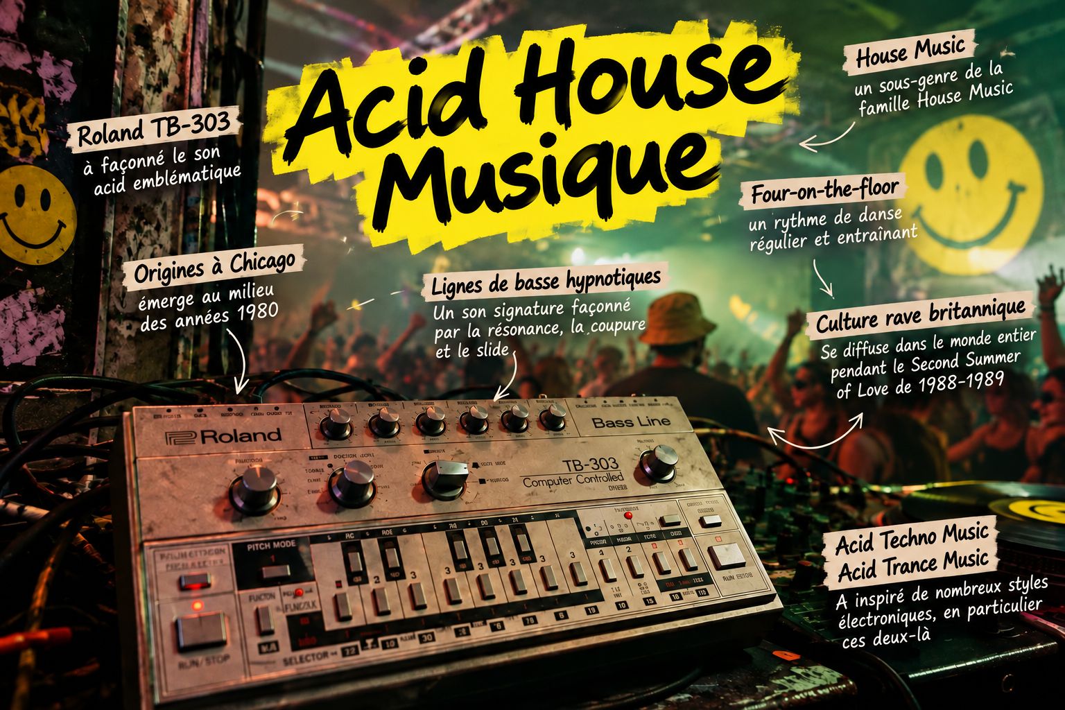 Qu’est-ce que l’acid house ? Découvrez ses origines à Chicago, les lignes de basse de la Roland TB-303, Phuture, les raves britanniques et son héritage.