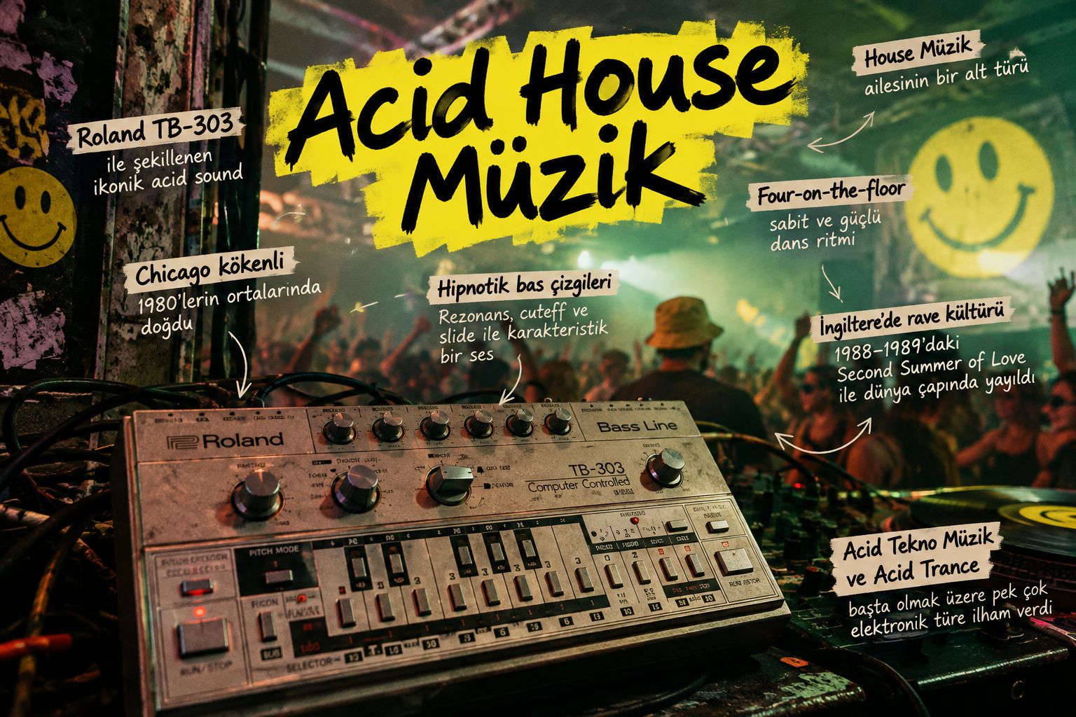 Acid House müzik nedir? Chicago'daki kökenlerini, Roland TB-303 baslarını, Phuture'u, Britanya rave kültürünü ve etkilerini keşfedin.