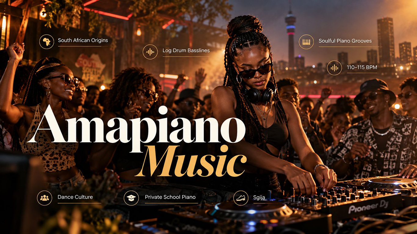Discover Amapiano Music: South African origins, log drums, piano chords, key artists, subgenres, and its growing global influence.
