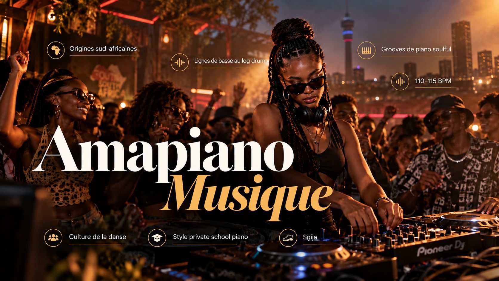 Découvrez l’amapiano : ses origines sud-africaines, le log drum, les accords de piano, les artistes majeurs, les sous-genres et son influence mondiale croissante.