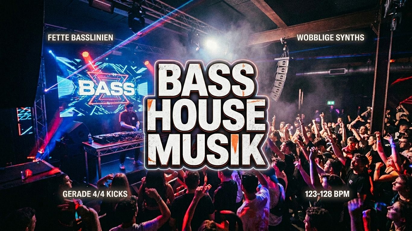 Alles über Bass House Music: Herkunft, bassbetonter Sound, typisches Tempo, prägende Artists, verwandte Genres und Produktionstechniken.