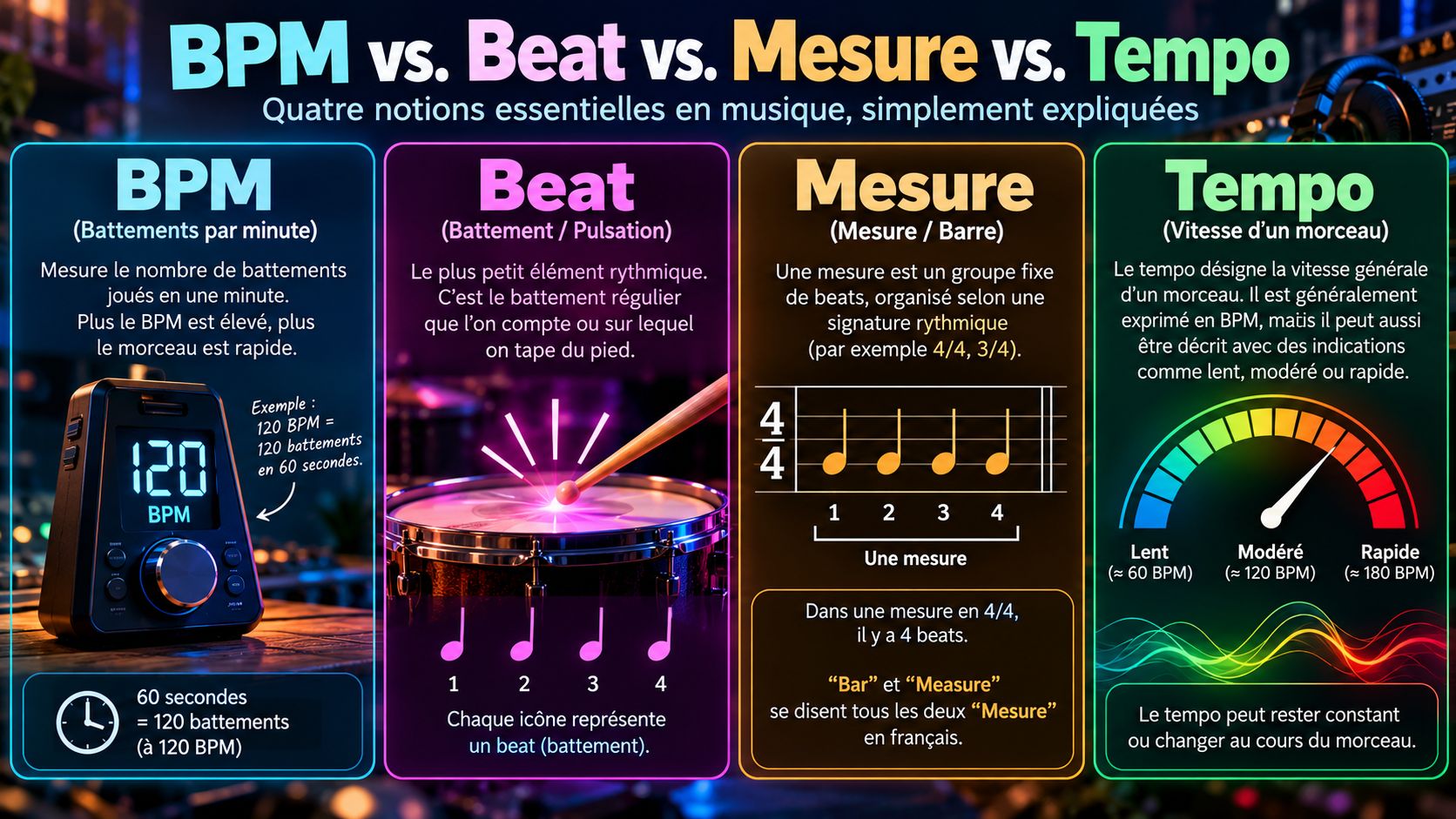 BPM, temps, mesures et tempo expliqués simplement : apprenez à compter en musique et à comprendre ce que signifie réellement 120 BPM.