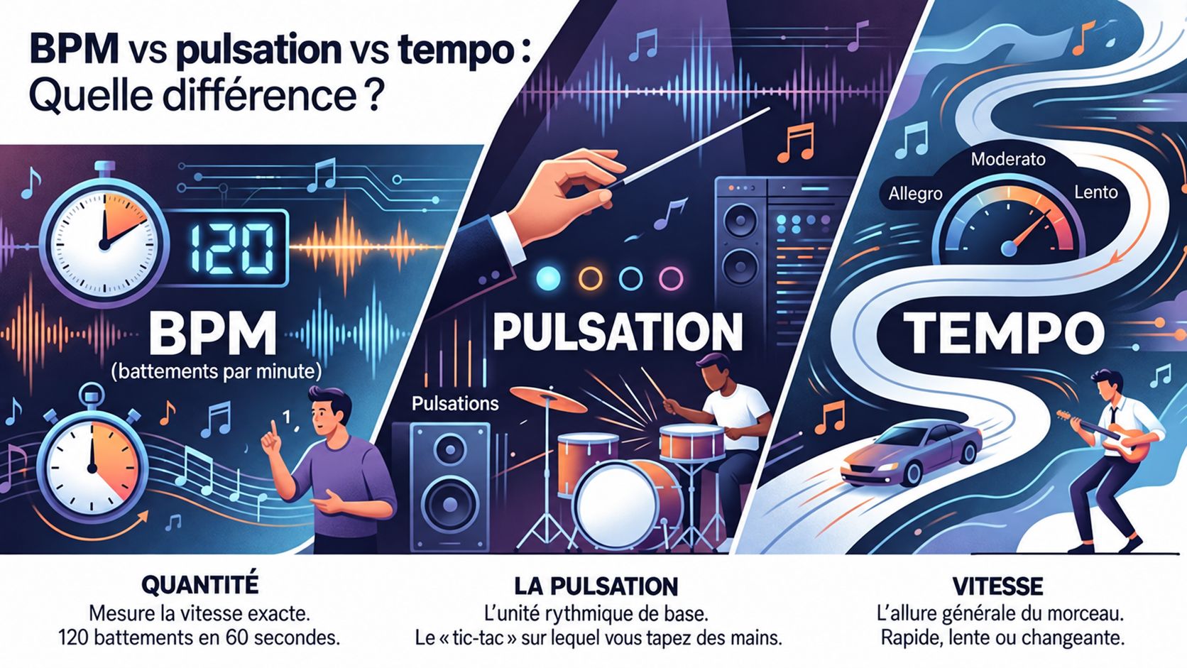 Comprenez la différence entre BPM, pulsation et tempo, et leur rôle dans la création musicale, l’interprétation, le mixage et l’écoute.