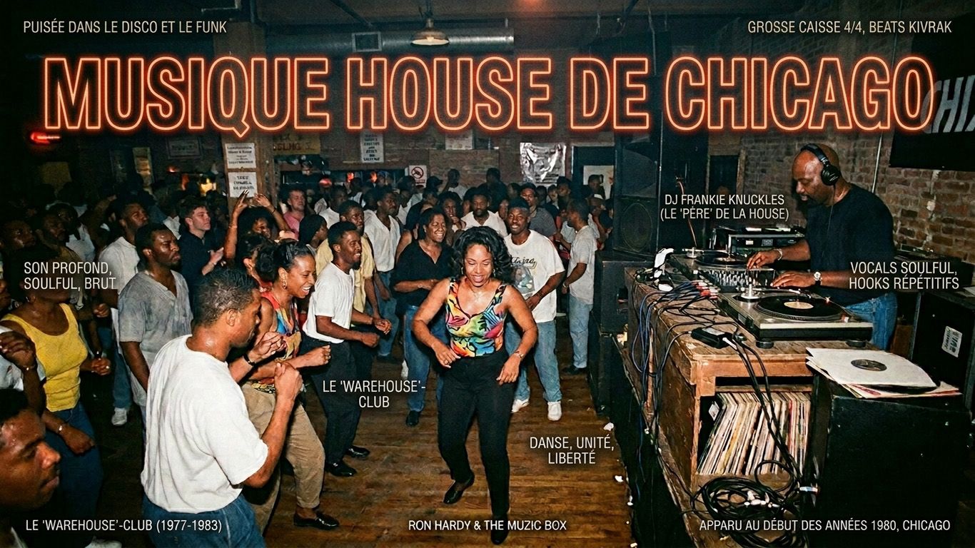 Découvrez la musique house de Chicago : origines, sonorités, DJ pionniers, morceaux classiques et influence sur les musiques électroniques de danse.