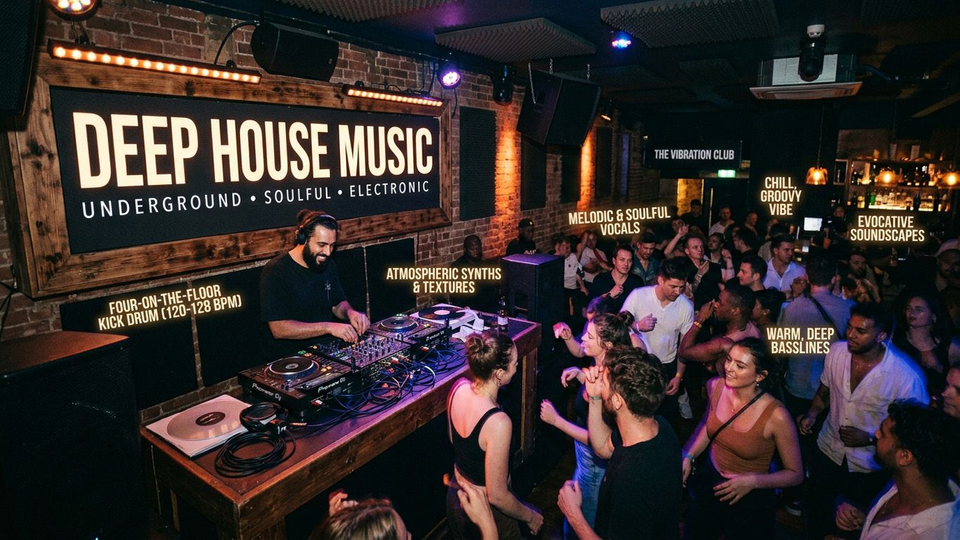 Discover deep house music: Chicago origins, Larry Heard, classic tracks, typical tempos, rich chords, production tools, and related house styles.