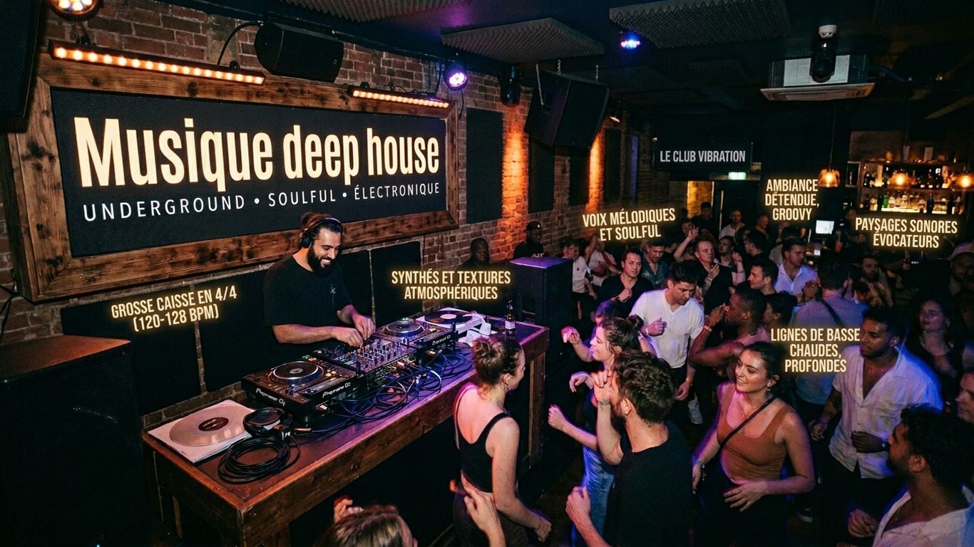 Découvrez la musique deep house : origines à Chicago, Larry Heard, morceaux classiques, tempos, accords riches, outils de production et styles apparentés.