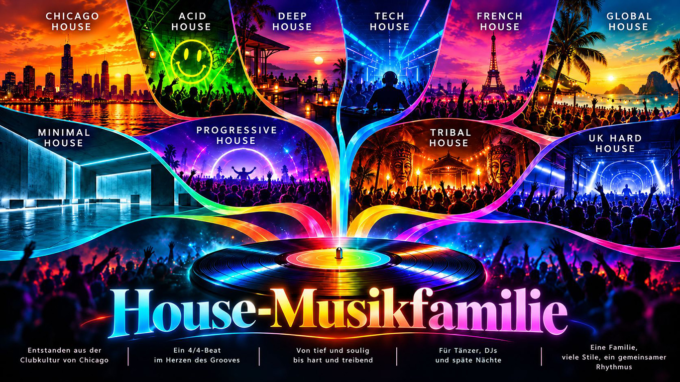 Die House-Musikfamilie im Überblick: von den Clubs Chicagos zu elf Genres, ihren Rhythmen, Klangmerkmalen, Entwicklungen und Unterschieden.