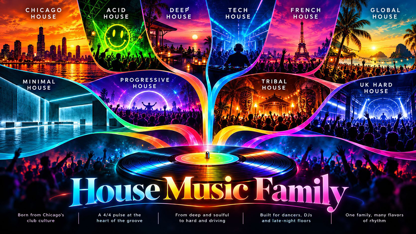 Explore eleven House Music Family branches, their subgenres, defining sounds, Chicago origins, and connections.