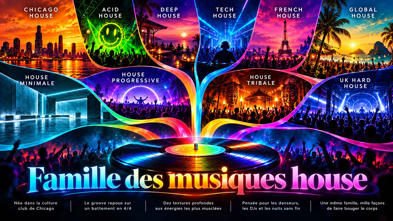 Explorez la famille des musiques house, née dans les clubs de Chicago : onze genres, leurs rythmes, leurs histoires et leurs signatures sonores.