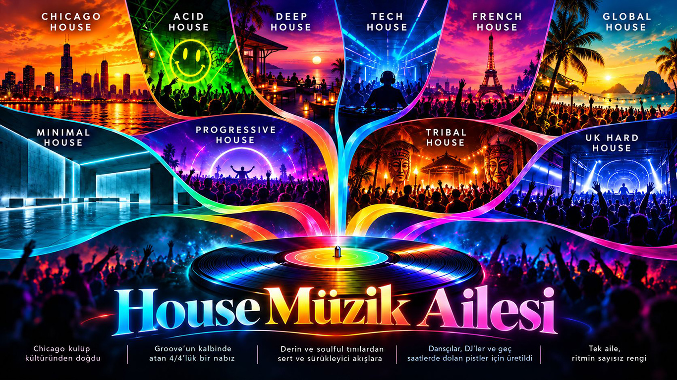 House Müzik Ailesi'ni keşfedin: Chicago'daki kökleri, on bir ana türün ritimleri, tarihçeleri, prodüksiyon yaklaşımları ve ayırt edici özellikleri.