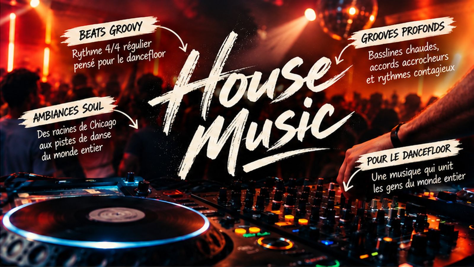 Qu’est-ce que la musique house ? Découvrez ses origines à Chicago, son rythme four-on-the-floor, sa sonorité, sa production et sa culture DJ.