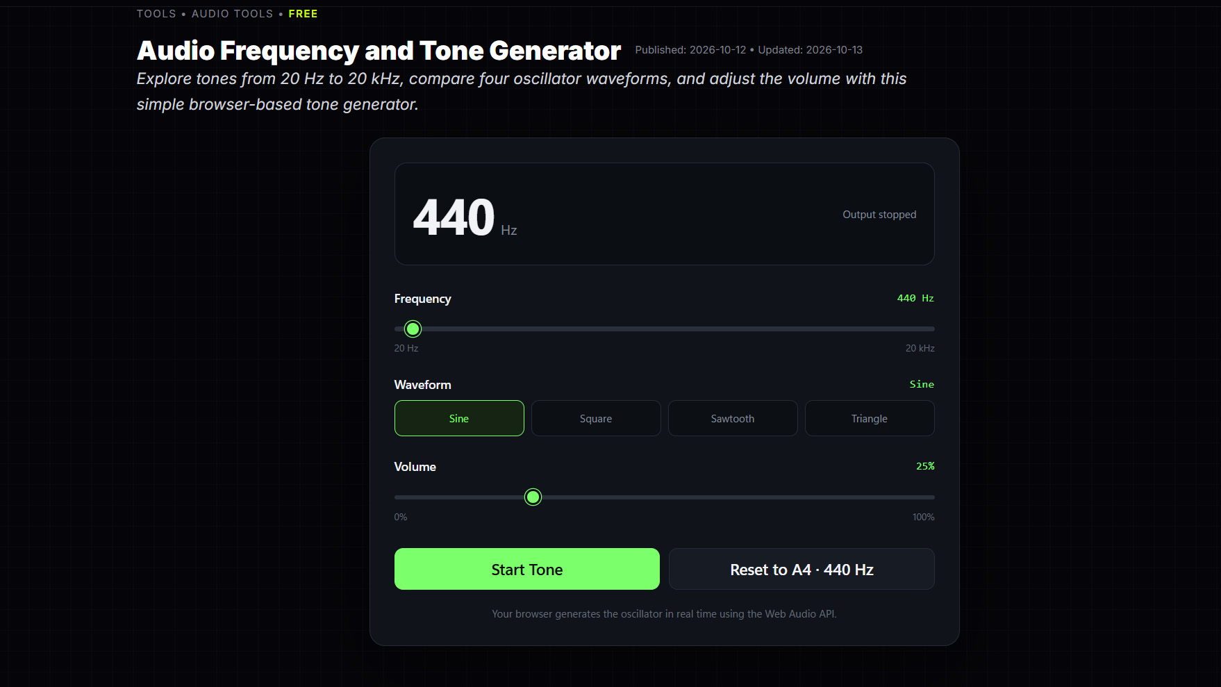 Screenshot of Audio Frequency and Tone Generator