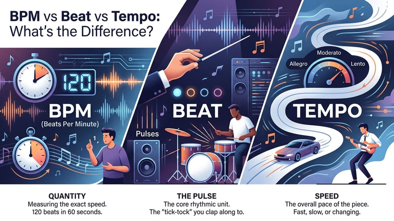 Learn the difference between BPM, beat, and tempo, how they relate, and why BPM matters when creating, playing, mixing, and understanding music.
